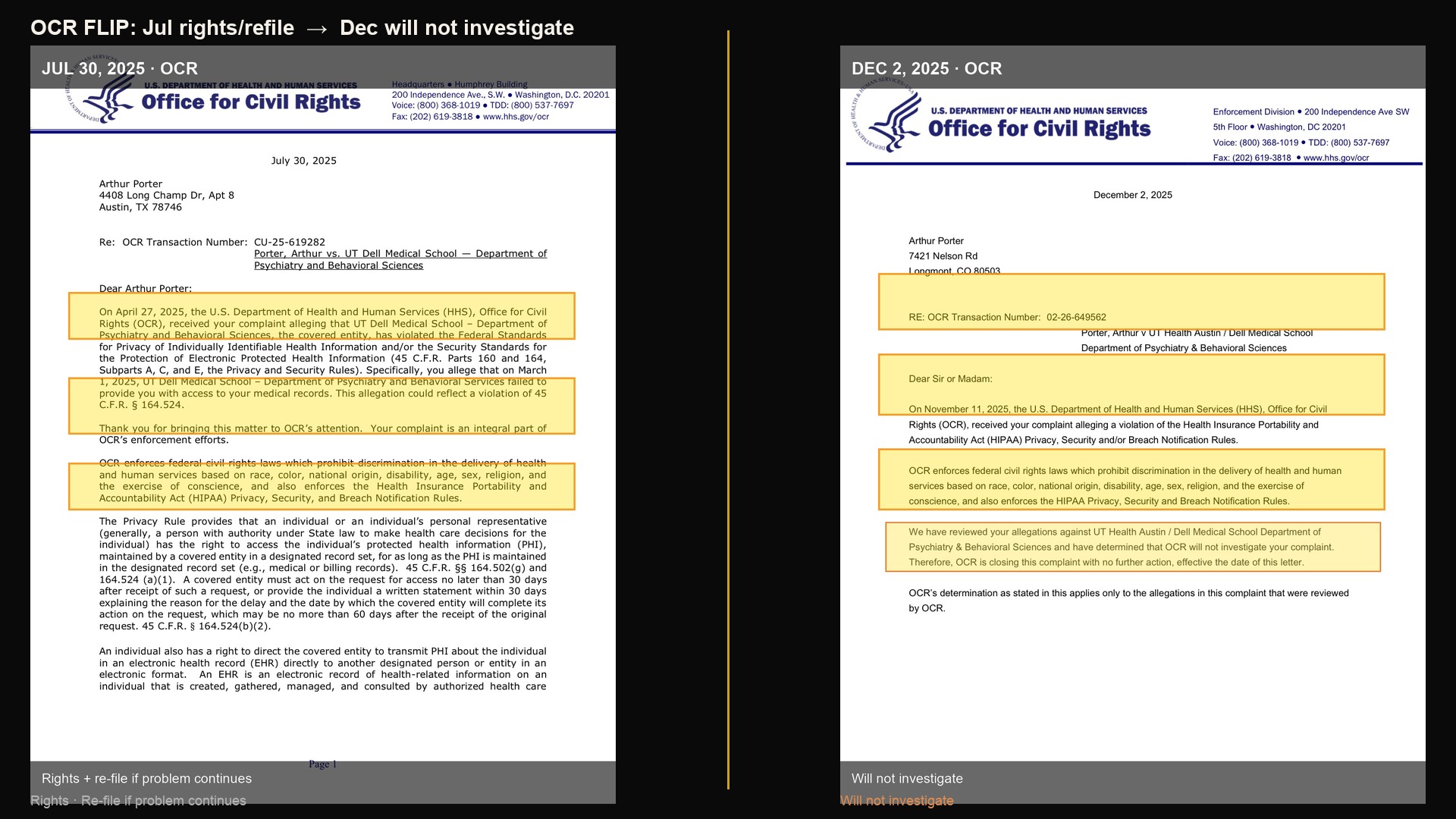 Two letters from the federal Office for Civil Rights, July versus December — the reversal in their own words.